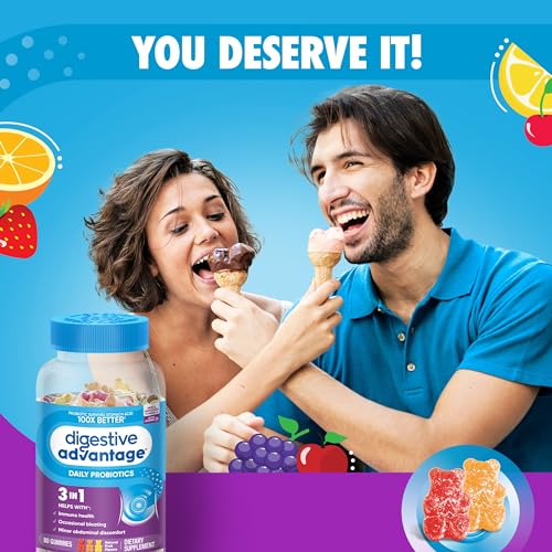 Digestive Advantage Probiotics For Digestive Health, Probiotic Gummies & Vit D, Daily Probiotics For Women &Men Occasional Bloating, Minor Abdominal Discomfort & Gut Health, 80ct Natural Fruit Flavors