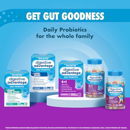 Digestive Advantage Probiotics For Digestive Health, Probiotic Gummies & Vit D, Daily Probiotics For Women &Men Occasional Bloating, Minor Abdominal Discomfort & Gut Health, 80ct Natural Fruit Flavors