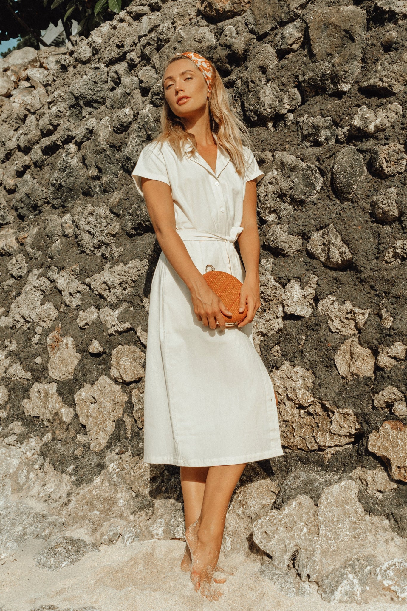 ARYA Safari Linen Midi Dress, in Off White