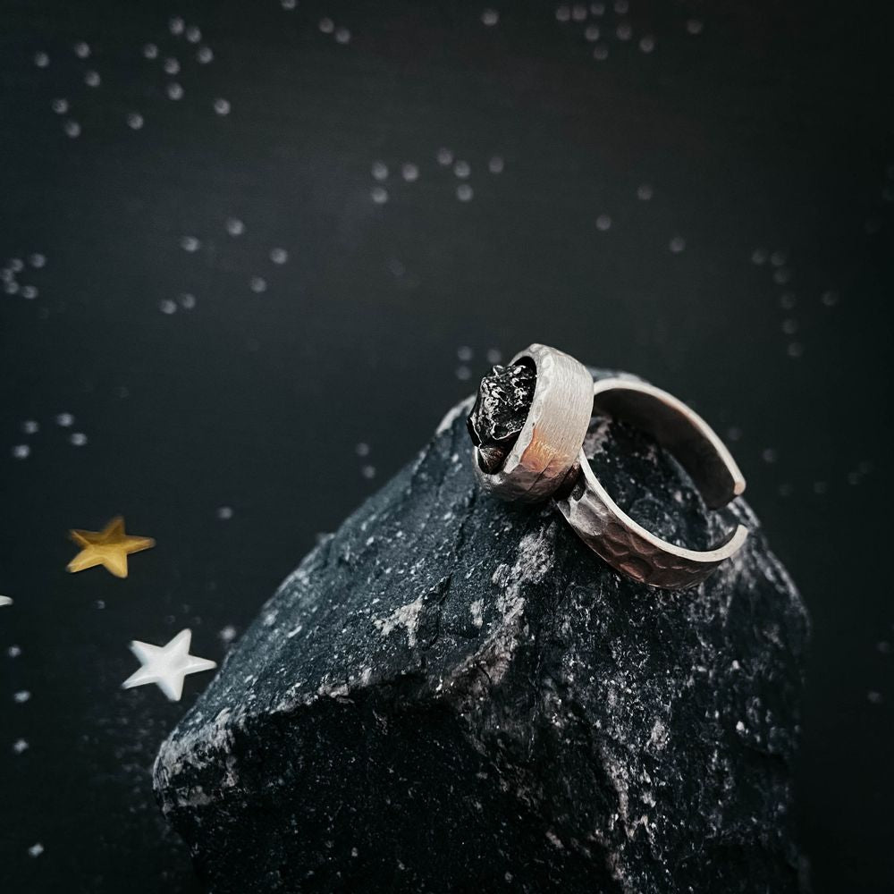 Chunky Round Raw Meteorite Ring in Silver