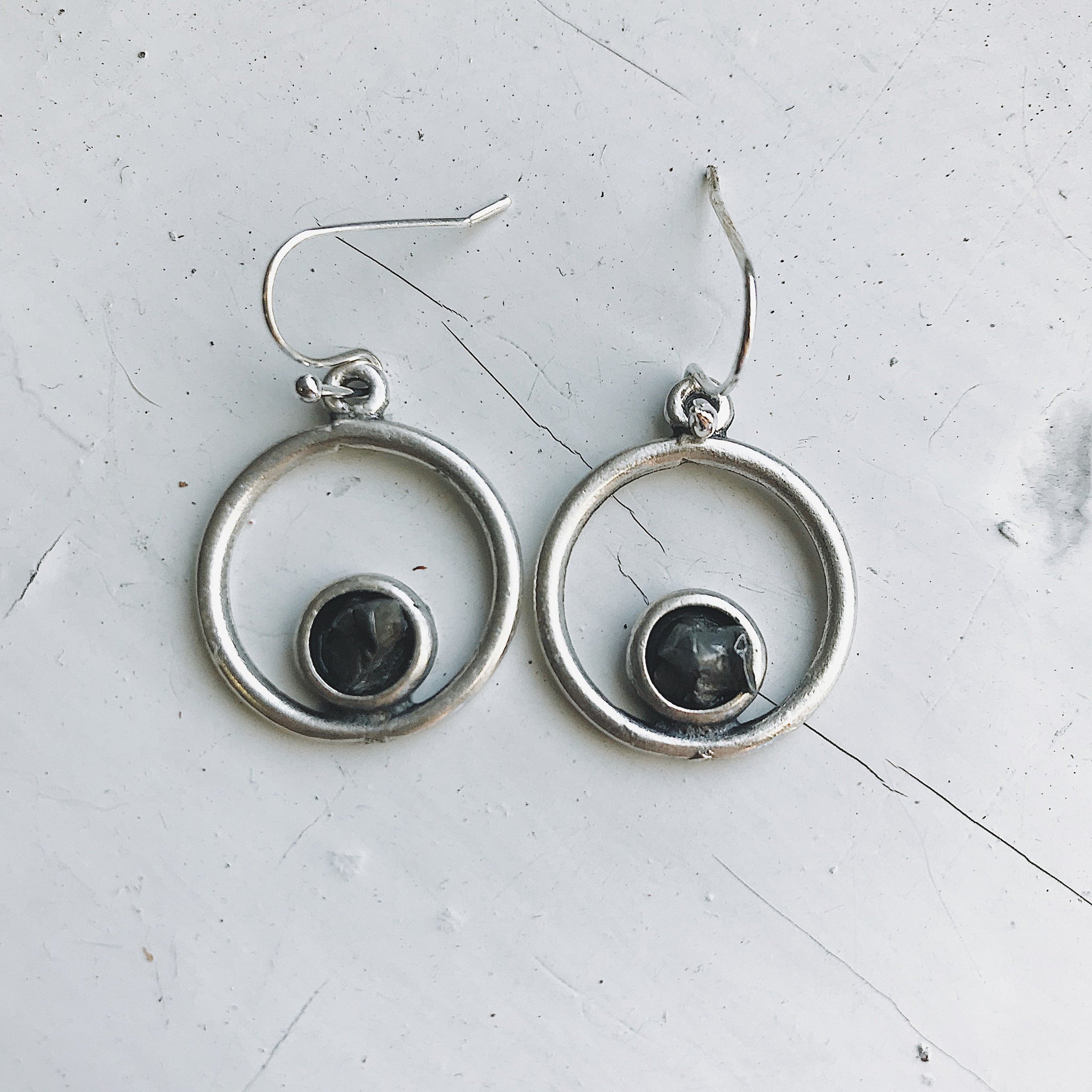 Circle Silver Earrings with Raw Meteorite